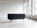 Mueble recibidor de madera 180x45x80 cm - negro-dorado - aparador con 4 puertas y frontal ondulado