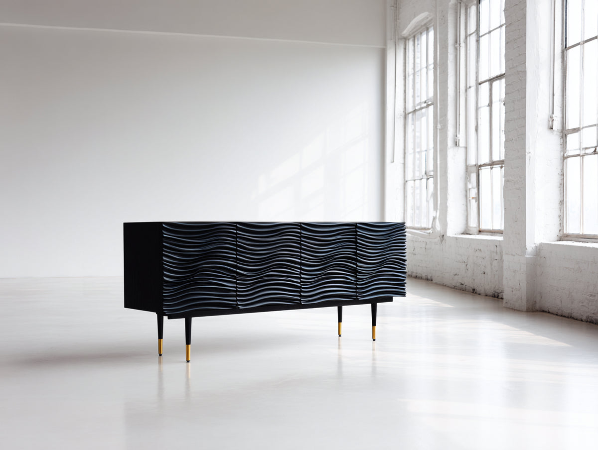 Mueble recibidor de madera 180x45x80 cm - negro-dorado - aparador con 4 puertas y frontal ondulado