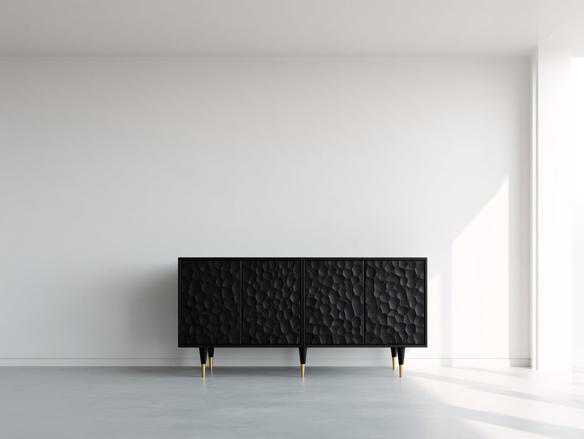 Mueble recibidor de madera 150x42x82 cm - negro - diseño moderno con 4 puertas texturizadas y patas doradas