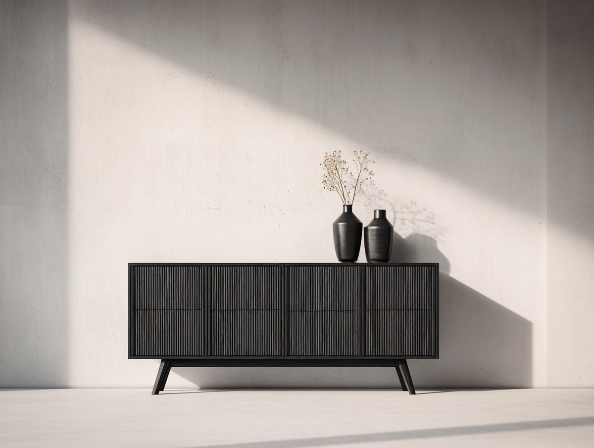 Mueble recibidor de madera 170x42x80 cm - negro - aparador con 4 puertas y frontal acanalado