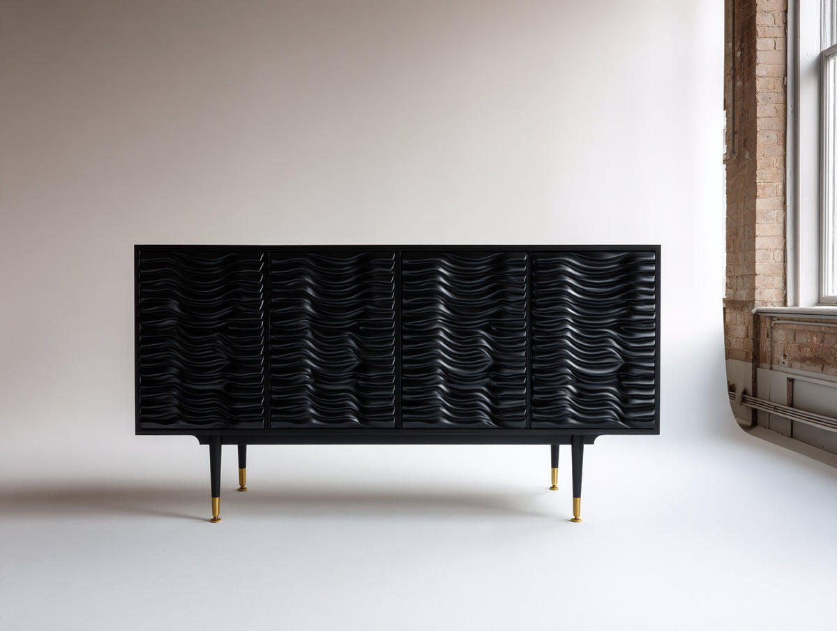 Mueble recibidor de madera 160x42x82 cm - negro-dorado - aparador con cuatro puertas y frentes ondulados