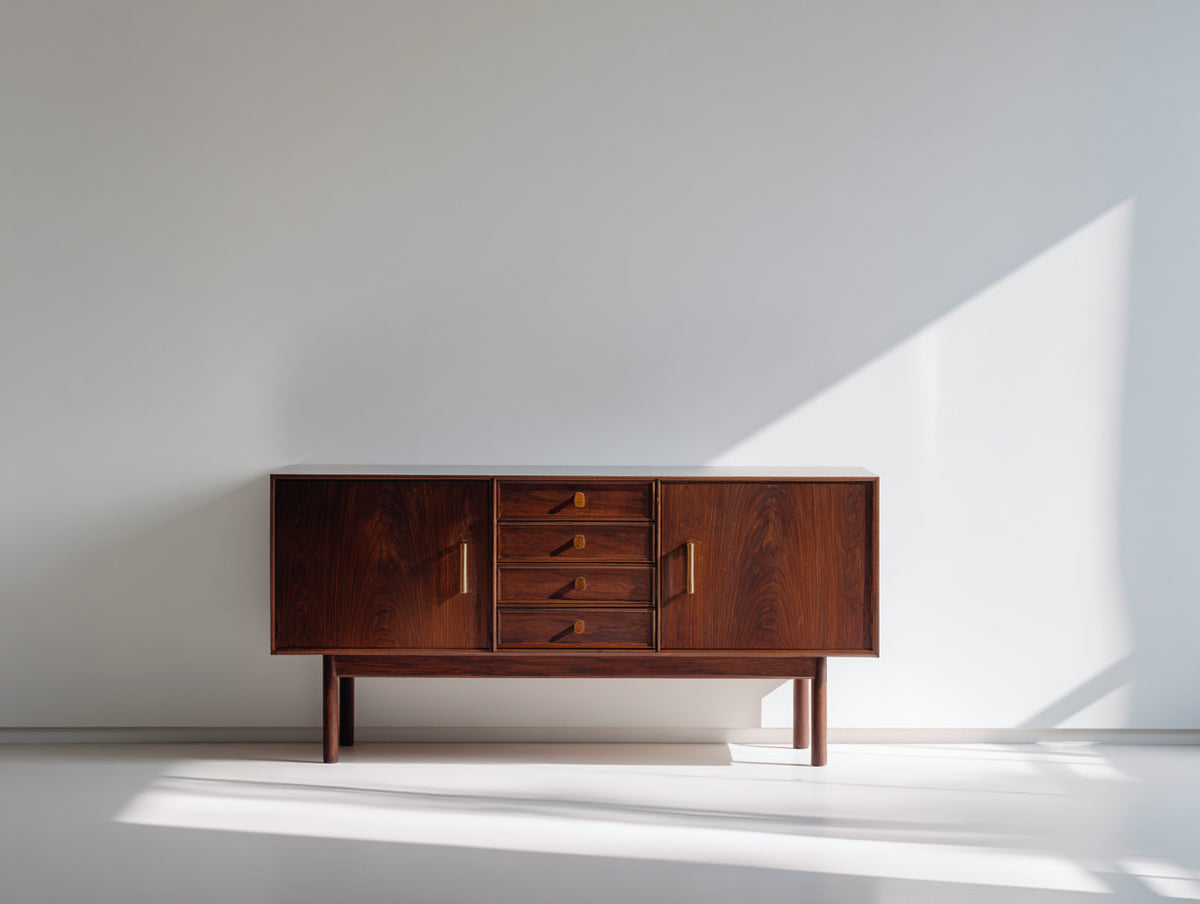 Mueble recibidor de madera 150x45x82 cm - marrón oscuro-dorado - aparador con dos puertas y cuatro cajones de estilo moderno