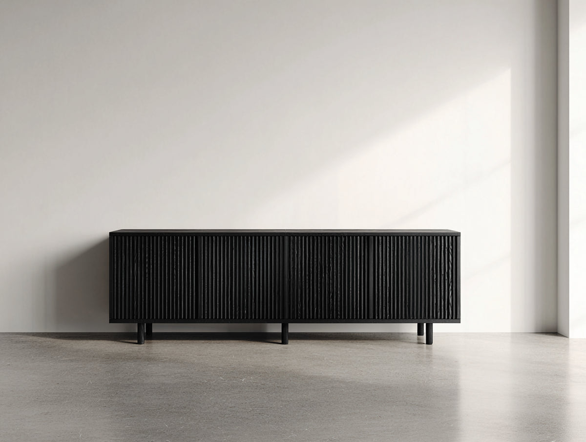 Mueble recibidor de madera 180x42x78 cm - negro - diseño moderno con 4 puertas acanaladas
