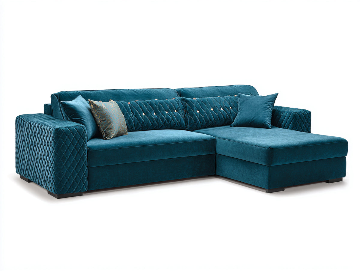 Sofás de esquina tapizados 255 x 170 x 88 cm - azul petróleo - sofá chaise longue con acolchado capitoné y diseño contemporáneo