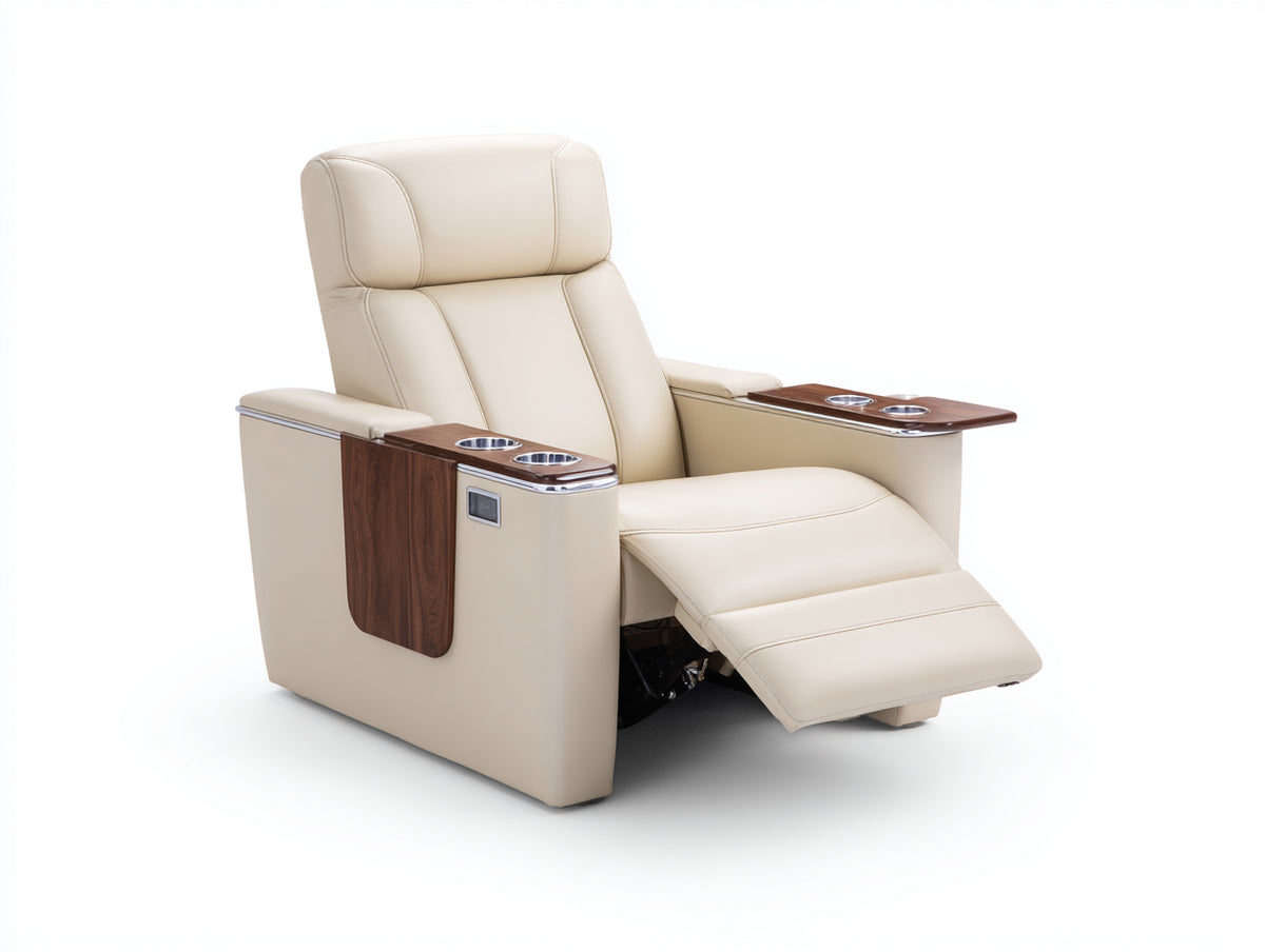 Sillones reclinables tapizados 100 x 95 x 110 cm - crema y marrón nogal - sillón individual reclinable con reposapiés y portavasos integrados