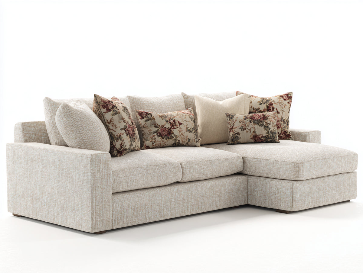 Sofás de esquina tapizado 285x185x88 cm - beige-marrón - diseño moderno con chaise longue y base de madera