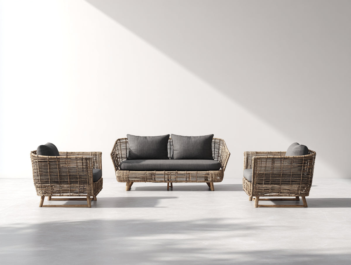 Sofás de exterior de ratán 165 x 80 x 82 cm - marrón natural y gris antracita - conjunto de sofá de 2 plazas y 2 sillones con diseño contemporáneo