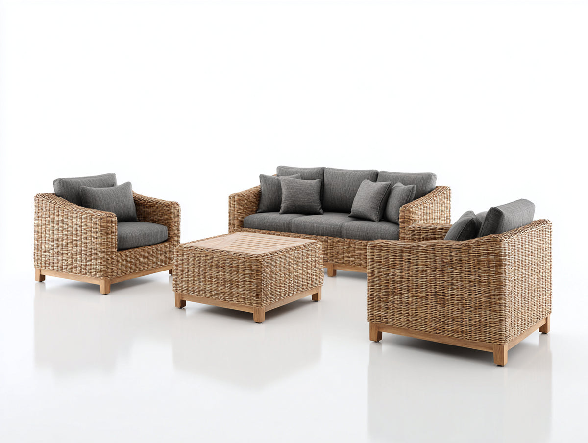 Sofás de exterior de ratán 210x85x75 cm - gris oscuro-marrón natural - conjunto con sofá de tres plazas sillones y mesa cuadrada