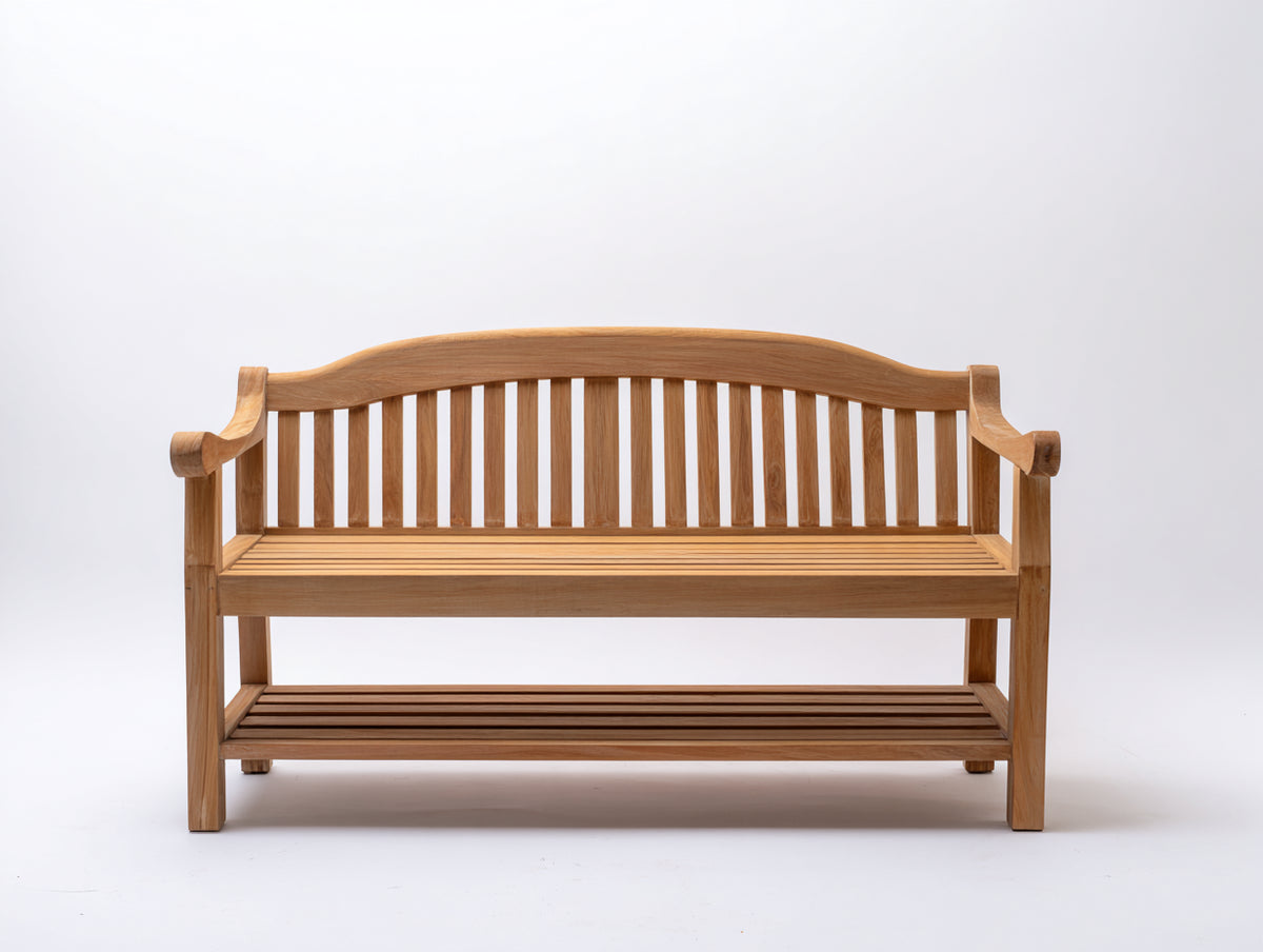 Bancos de jardín de madera 150x65x92 cm - Madera natural - Respaldo curvo - Con estante inferior