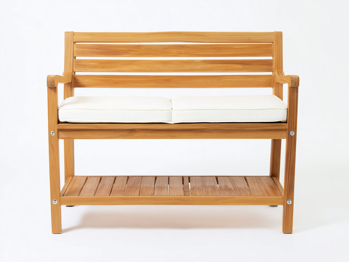 Bancos de jardín de madera 125 x 60 x 95 cm - madera natural y blanco - banco de 2 plazas con respaldo de listones y estante inferior