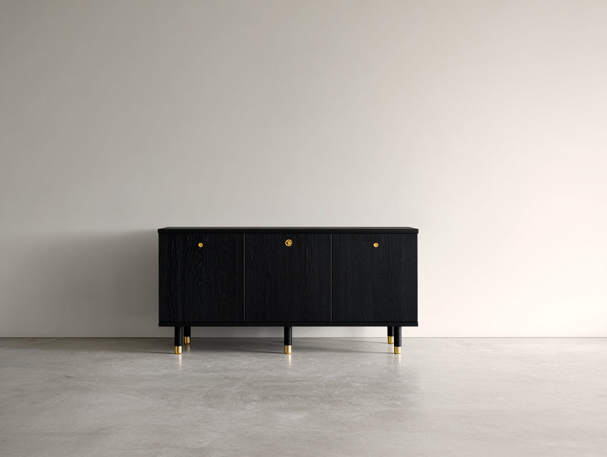 Mueble recibidor de madera 120x40x80 cm - negro - diseño moderno con 3 puertas y detalles dorados