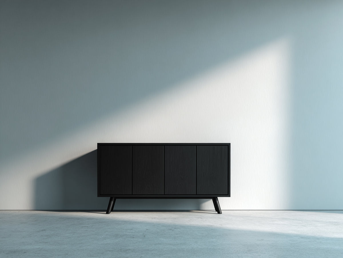 Mueble recibidor de madera 140x42x78 cm - negro - aparador con cuatro puertas y diseño minimalista