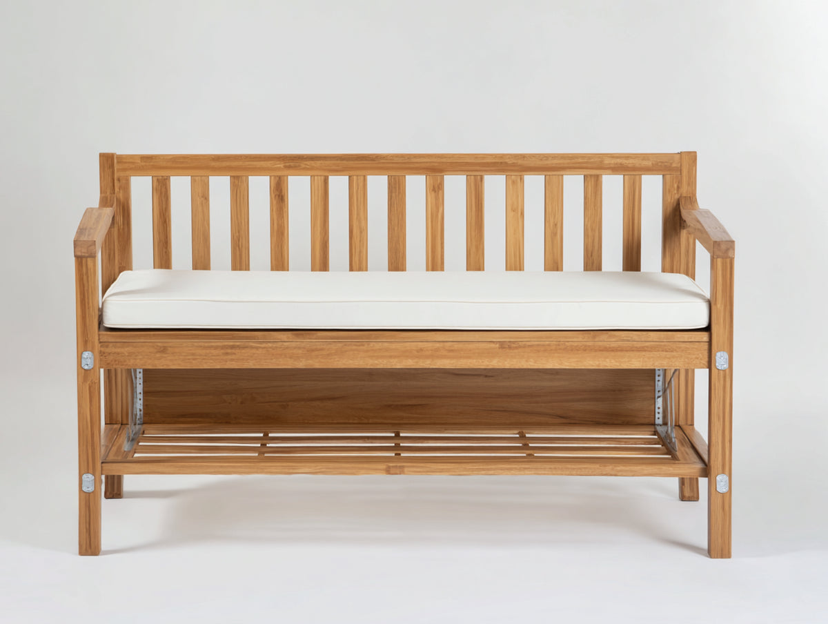 Bancos de jardín de madera 150x65x95 cm - Madera natural-Blanco - Asiento acolchado - Con estante inferior