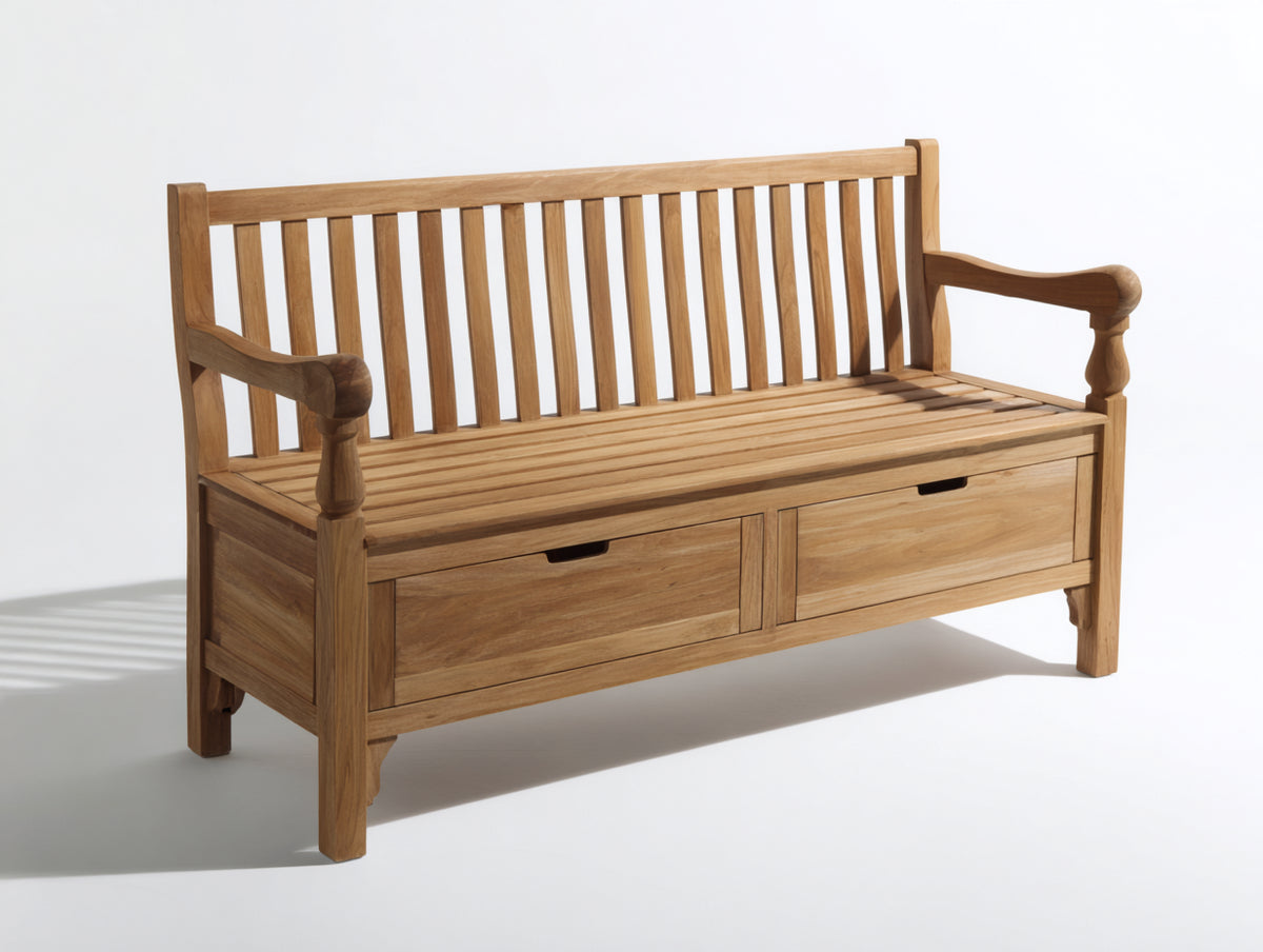 Bancos de jardín de madera 160x62x92 cm - madera natural - diseño clásico con 2 cajones de almacenamiento