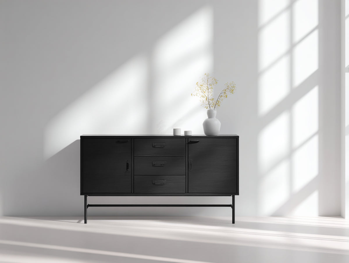 Mueble recibidor de madera 140x42x85 cm - negro - diseño moderno con 2 puertas y 3 cajones