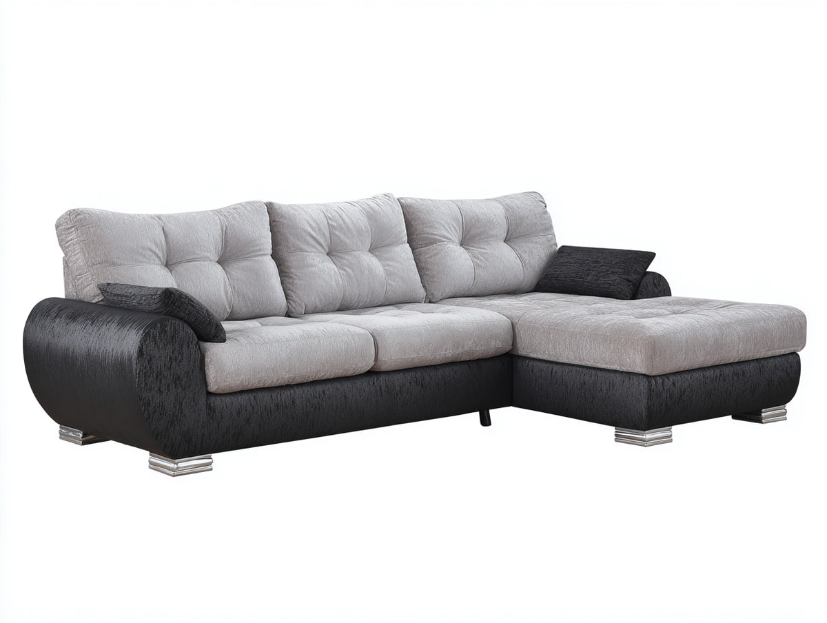 Sofás de esquina de tela 285x170x88 cm - gris claro-negro - sofá con chaise longue y patas metálicas