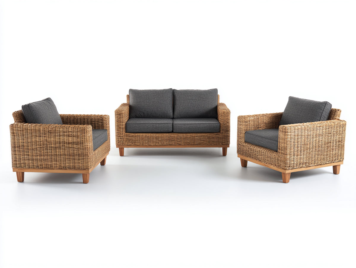 Sofás de exterior de ratán 180x82x78 cm - gris oscuro-marrón natural - conjunto con dos sillones